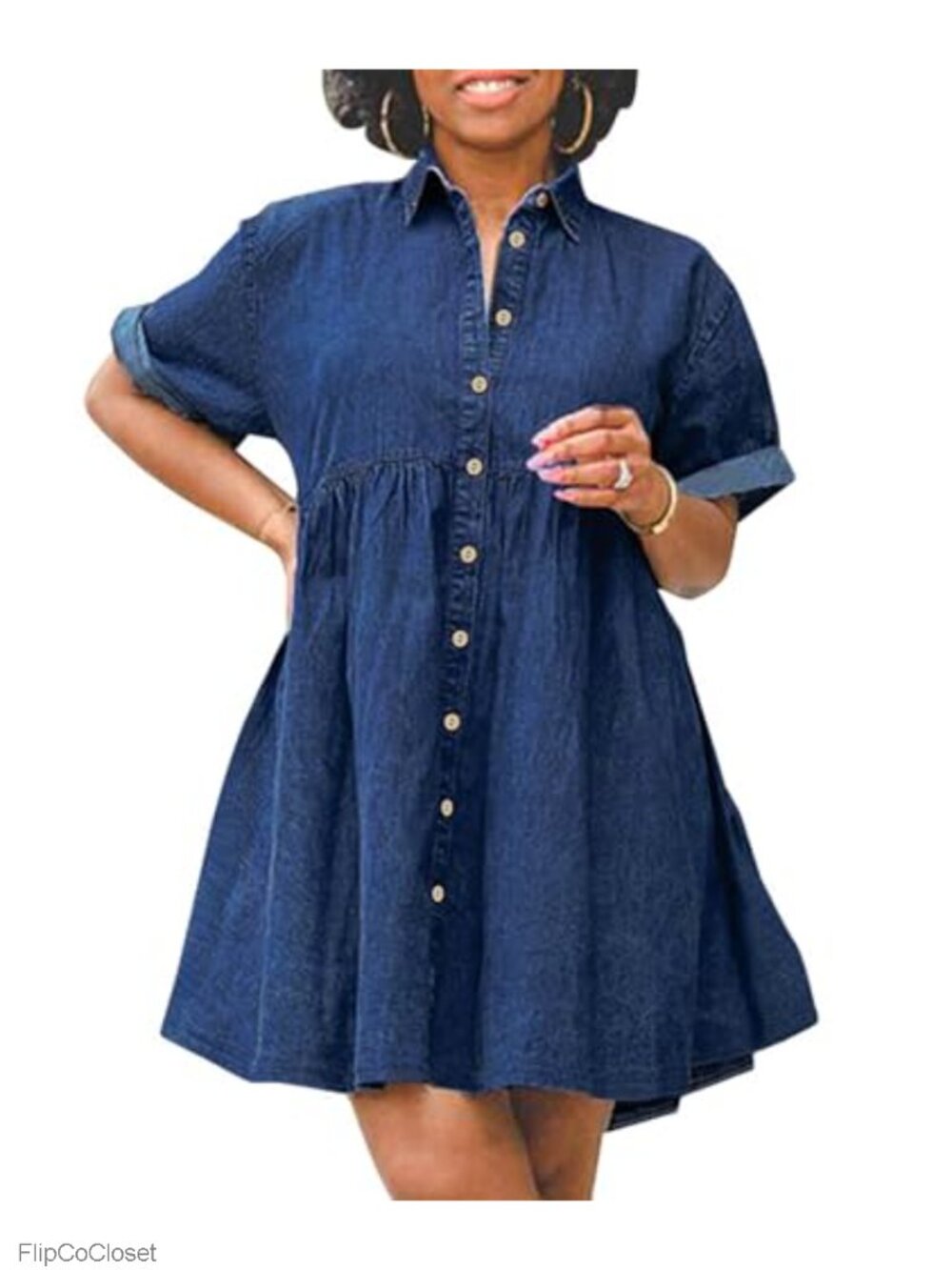 Plus Size Denim Babydoll Dress Short Sleeve Button Down Flowy Tiered